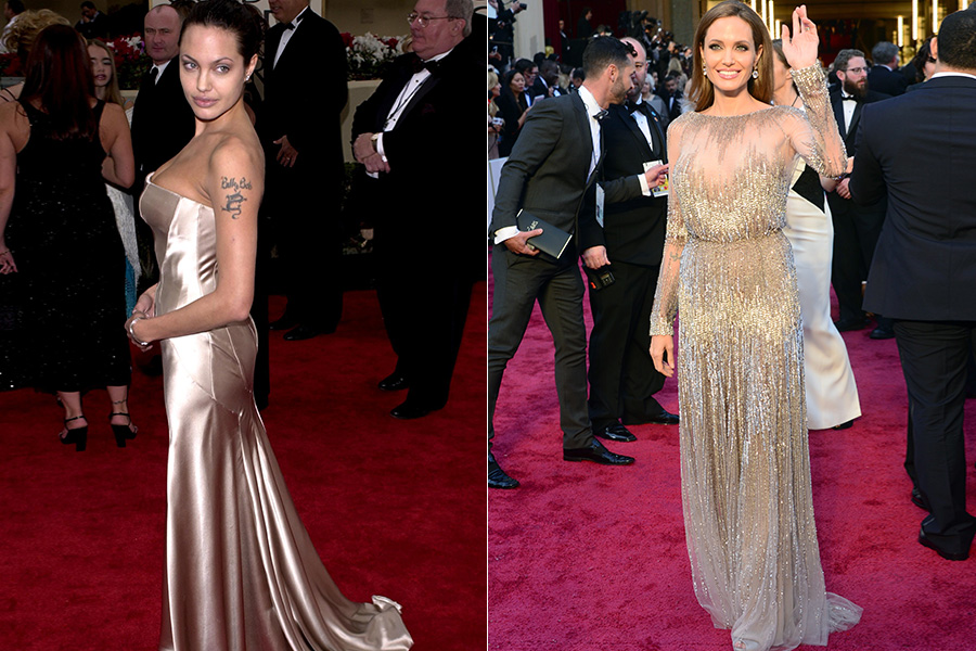 Angelina Jolie no Globo de Ouro em 2001 e atualmente