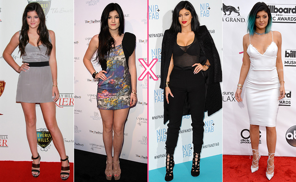 Aos 13 anos, Kylie usava looks mais soltinhos e até estampas floridas (à esquerda). Hoje em dia, preto e branco reinam em modelitos superjustos (à direita)