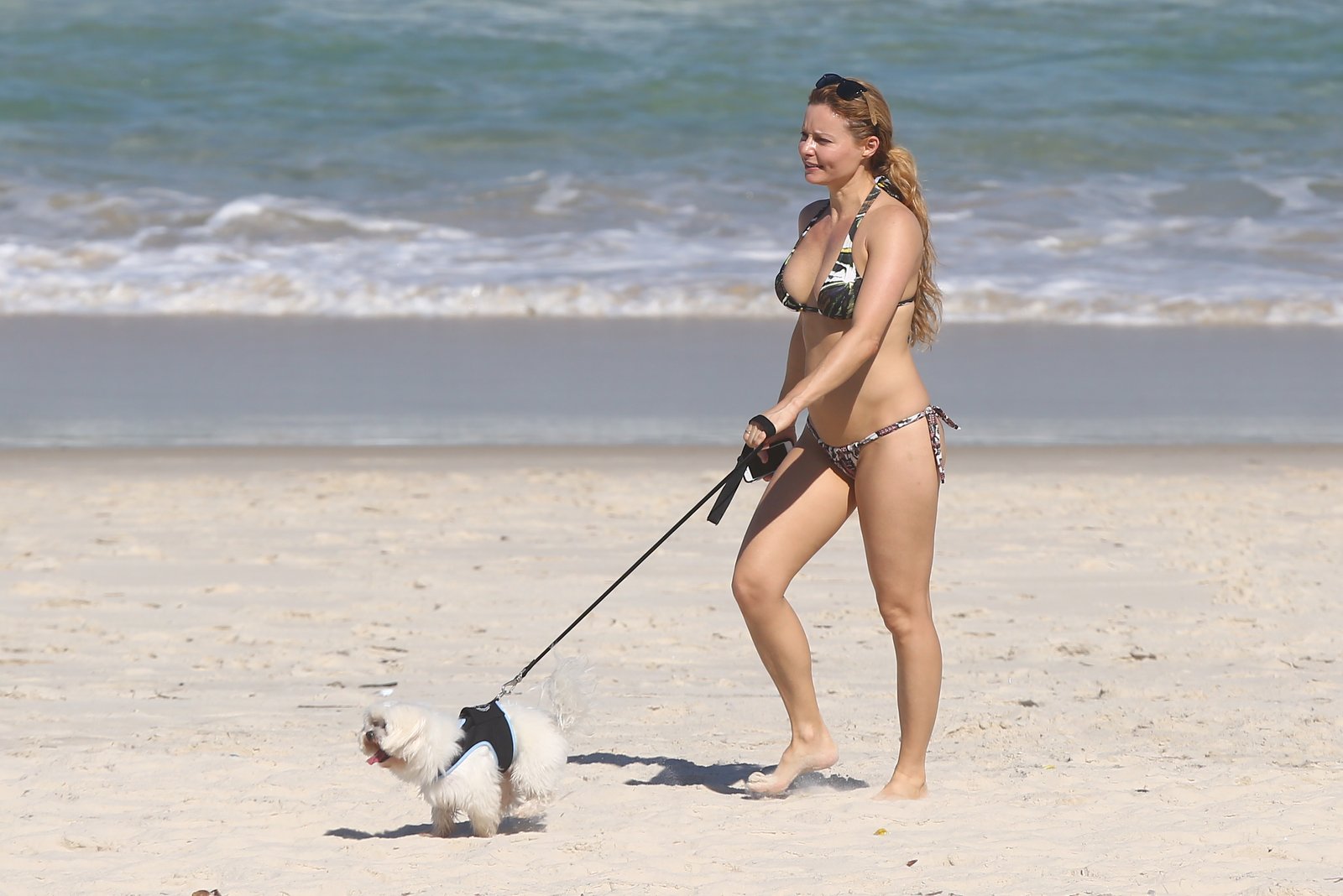 Rita Guedes levou seu cachorrinho à praia nesta quinta-feira, 18.