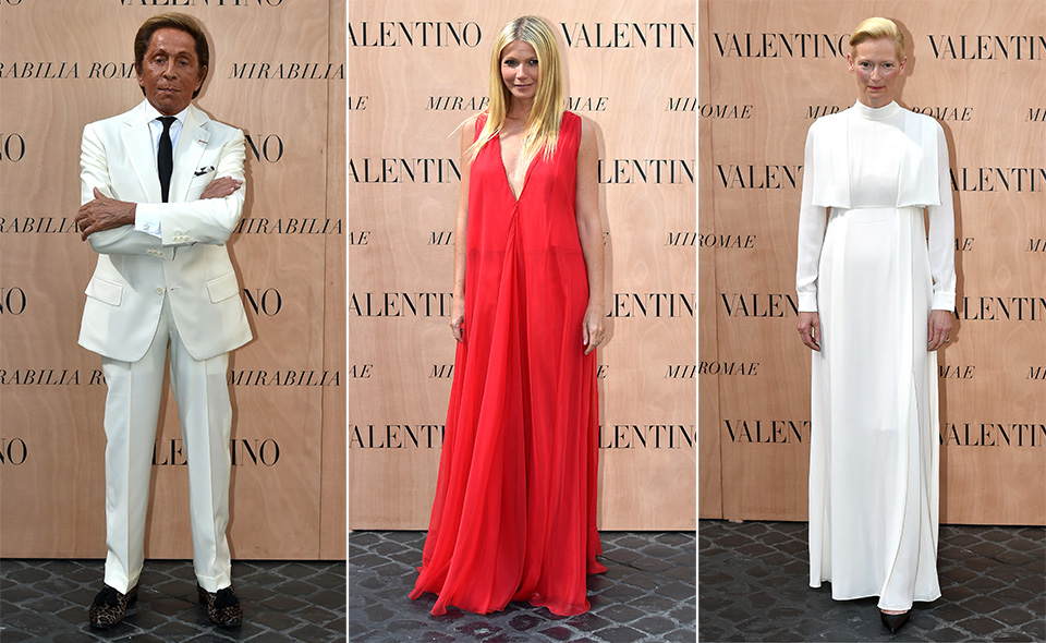 Valentino Garavani, Gwyneth Paltrow e Tilda Swinton chegam para o desfile de alta-costura da grife Valentino, em Roma, na Itália, nesta quinta-feira, 9