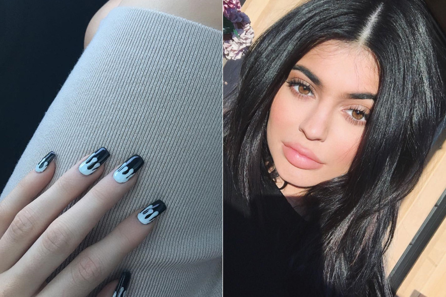 Kylie Jenner, a irmã mais nova e Kim Kardashian, é fã de nail art e usou tinta escorrida para garantir estilo nas unhas