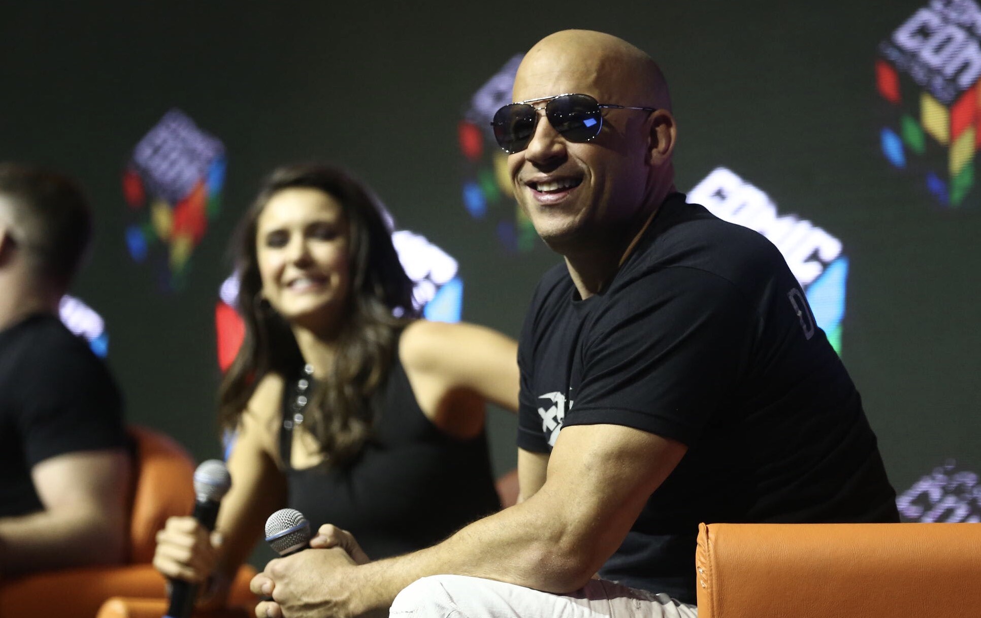 Nina Dobrev e Vin Diesel na Comic Con, em São Paulo, nesta quinta-feira, 1º. Eles participaram de um bate-papo com fãs