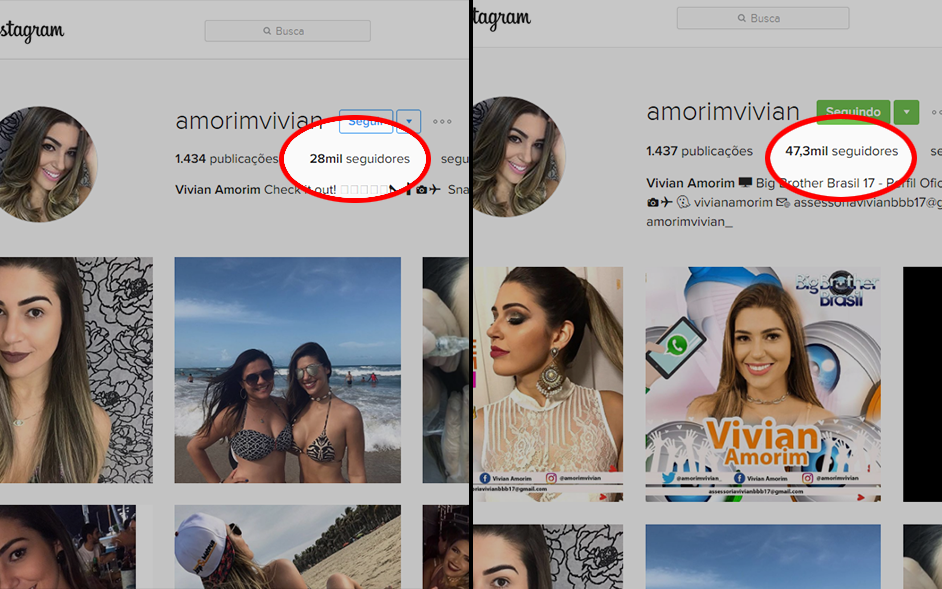 Vivian Amorim já tinha um número considerável de seguidores antes mesmo de ser anunciada como participante do BBB 17. Hoje, ela já acumula quase 48 mil seguiodres
