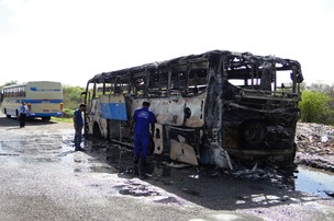 Ônibus pega fogo e fica destruído na BR-030; ninguém se feriu (Lay Amorim/Brumado Notícias)