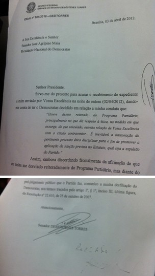 Carta de desfiliação de Demóstenes Torres (Foto: Nathalia Passarinho / G1)
