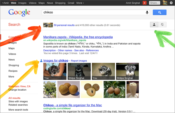 Imagem do blog oficial do Google mostra função Search Plus Your World, que ressalta informações da rede social Google+ nas buscas, como mostram as setas vermelha e amarela. A seta verde destaca o botão que ativa e desativa o serviço (Foto: Reprodução)