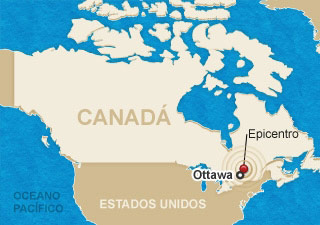 Mapa mostra a localização de tremor no Canadá
