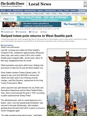 Totem foi recuperado e instalado no parque de Seattle.