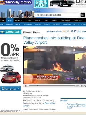 Página da TV local do Arizona mostra imagens do local do acidente