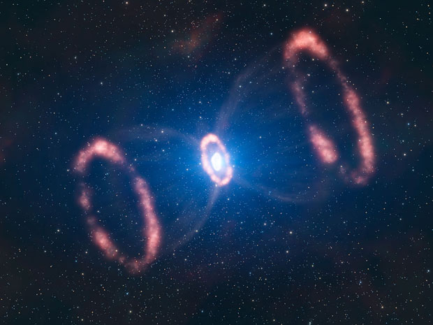 Impressão artística de explosão da supernova 1987A, localizada na galáxia satélite da Via Láctea, a Grande Nuvem de Magalhães. Vista pela primeira vez, a olho nu, em 1987, a estrela que existia ali agora é estudada pela primeira vez por uma visão 3D.