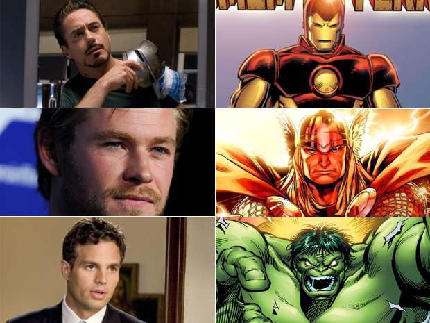 Robert Downey Jr (como Homem de Ferro), Chris Hemsworth (Thor) e Mark Ruffalo (Hulk): astros estarão no elenco de 'Os vingadores', que deve estrear em 2012.  (Foto: Divulgação e AFP)