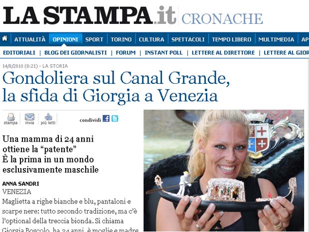 Giorgia Boscolo é a primeira mulher a exercer a profissão de gondoleira nos canais de Veneza.
