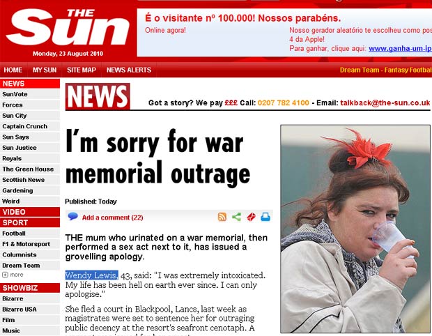 Wendy Lewis urinou e realizou ato sexual em um memorial de guerra.