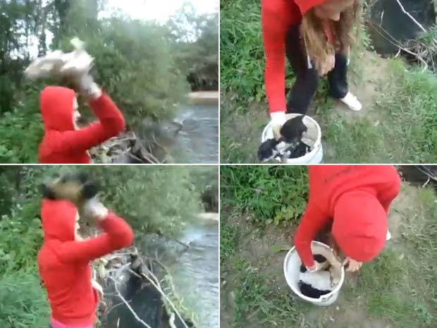 Jovem foi filmada jogando cachorrinhos em um rio na Croácia. 