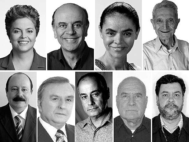 No alto, a partir da esquerda, os  candidatos Dilma Rousseff (PT), José Serra (PSDB), Marina Silva (PV), Plínio Sampaio (PSOL); embaixo, Levy Fidelix (PRTB), José Maria Eymael (PSDC), Zé Maria (PSTU), Ivan Pinheiro (PCB) e Rui Costa Pimenta (PCO)