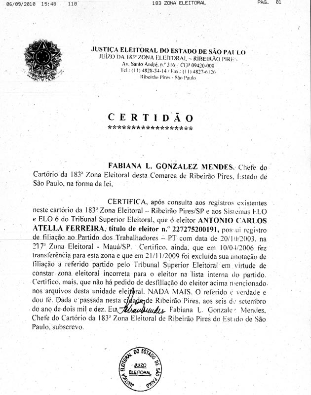 Certidão enviada pelo TRE-SP sobre a filiação partidária de Antonio Carlos Atella Ferreira