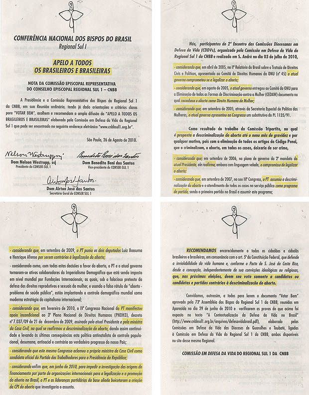 Panfleto contra Dilma com texto do Regional Sul I da CNBB.