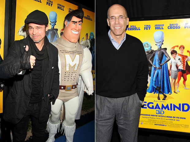 Brad Pitt posa ao lado de Metro Man, personagem que dubla na animação Megamind. Ao lado, o produtor Jeffrey Katzenberg, do estúdio DreamWorks.