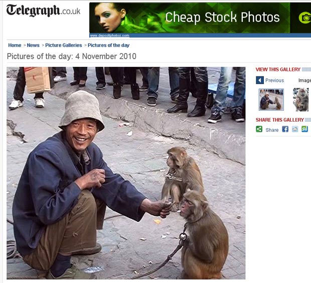 Artista de rua dá cigarro para macaco fumar.