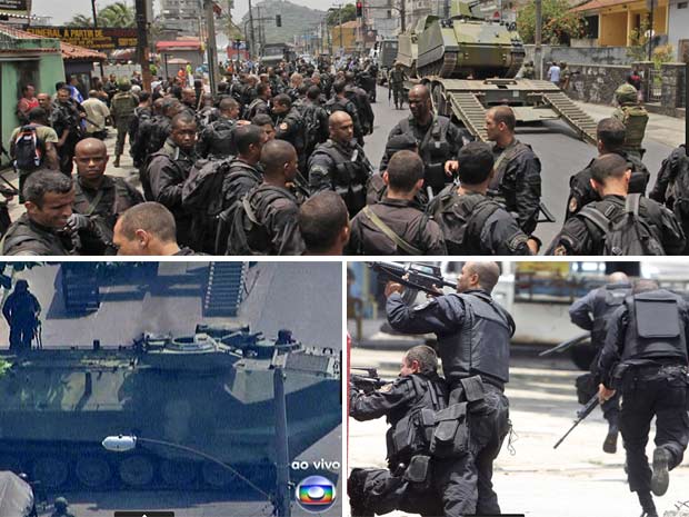 Policiais se preparam para ação na Vila Cruzeiro (acima), veículo blindado da Marinha em rua do Rio e soldados do Bope durante confronto com criminosos nesta quinta feira (25)