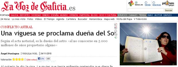Jornal espanhol noticia que mulher se diz dona do Sol