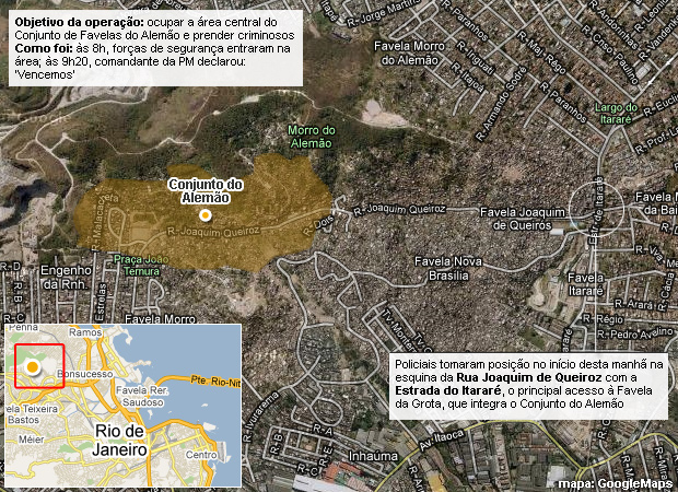 Mapa da ocupação do Cojunto de Favelas do Alemão neste domingo (28).