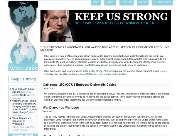 Página inicial do site de vazamentos nesta sexta-feira (3). 
Julien Assange, fundador do WikiLeaks, pede doações para continuar o 
trabalho de divulgação de documentos.