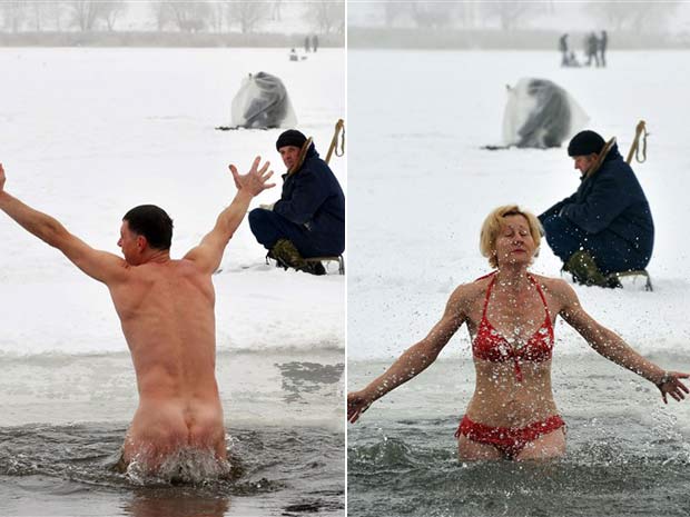 Alguns bielo-russos se arriscaram e nadaram nus neste domingo (5) nas águas congeladas do lago Chizhovskoe, em Minsk, capital da Belarus. 