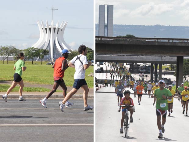 Atletas passaram pelos principais pontos turísticos da capital federal, como a Catedral de Brasília (esquerda) e a avenida que dá acesso ao Congresso Nacional