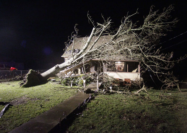 Árvore caída sobre casa após tornado em Aumsville, no Oregon, na noite desta terça-feira (14).
