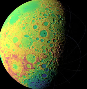Mapa topográfico do hemisfério sul da Lua, feito a partir de imagens da sonda LOLA: as cores falsas indicam relevo; as áreas em vermelho são as mais elevadas e as em azul as mais baixas