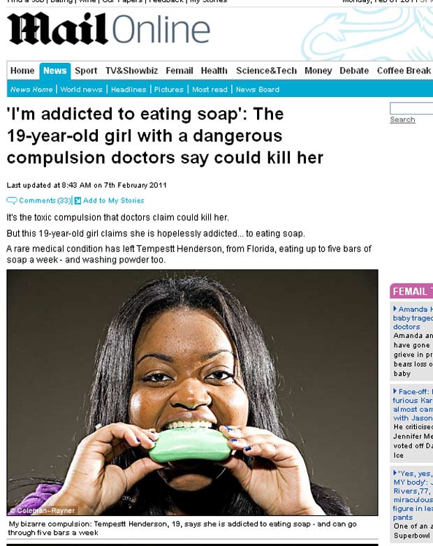 Tempestt Henderson adora comer sabão. (Foto: Reprodução/Daily Mail)