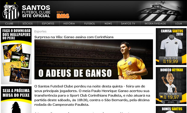 Ganso, em falso 'adeus' em página no site oficial do Santos (Foto: Reprodução)