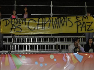 Manifestantes protestam durante o carnaval contra o abate de capivaras, em Campinas, no interior de SP (Foto: Reprodução/ EPTV.Com)