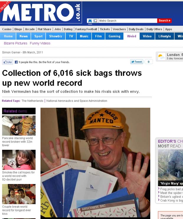 Niek Vermeulen detém recorde com mais de 6 mil sacos de vômito. (Foto: Reprodução/Metro)