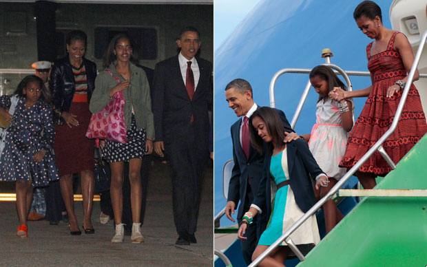 Família Obama trocou de roupa depois de embarcar em Washington para o Brasil (Foto: Reuters/AP)
