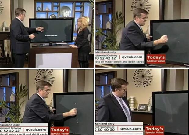 Em março de 2010, um apresentador de um canal de vendas na Inglaterra quebrou a tela de uma TV de LCD que, garantia ele, era resistente a qualquer pancada. (Foto: Reprodução)