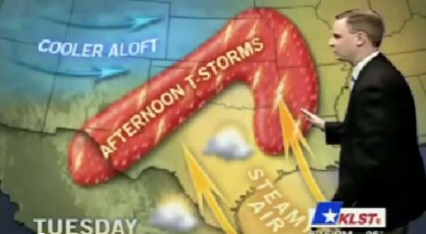 Em outubro de 2010, a emissora de TV 'KLST', de San Angelo, no estado do Texas (EUA), cometeu uma gafe ao mostrar o mapa da previsão do tempo em formato de um pênis gigante durante um programa apresentado pelo meteorologista Nick Kraynok. (Foto: Reprodução)
