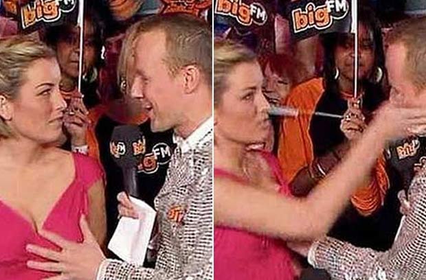 Em fevereiro de 2009, o apresentador alemão Hans Blomberg colocou a mão no peito da colega Susanka Bersin durante a apresentação ao vivo do programa 'Bundesvision Song Contest', do canal Pro Sieben, e levou um tapa na cara.  (Foto: Reprodução)