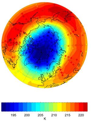 Imagem da agência espacial europeia mostra a temperatura baixa na região sobre a qual está o buraco na camada de ozônio do Ártico. (Foto: ESA)