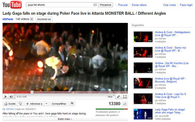 Vídeo do YouTube mostra momento da queda de Lady Gaga em Atlanta (Foto: Reprodução)