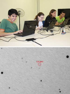 Alunos da UFSCar procuram asteride na universidade; abaixo, exemplo de imagem analisada pelos estudantes (Foto: Gustavo Rojas/UFSCar)