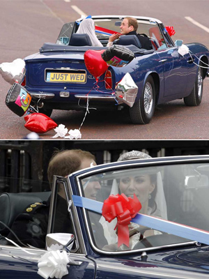 Após beijo público, William e Kate deixam palácio em conversível (Chris Ison-pa/AP e Matt Dunham/AP)