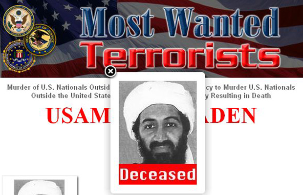 Página do site de 'mais procurados' do FBI (polícia federal dos EUA) mostra o terrorista Osama bin Laden como "morto" nesta segunda-feira (2). Bin Laden foi morto em uma ação militar americana no Paquistão, quase dez anos após os atentados do 11 de Setembro. (Foto: Reuters)