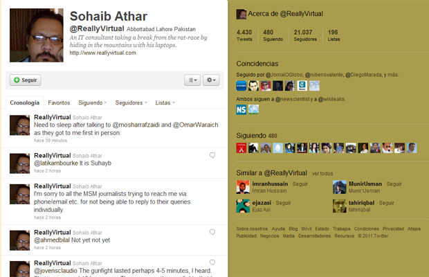 Reprodução do perfil de Sohaib Athar, que tuitou sobre o ataque que matou Bin Laden sem saber (Foto: Reprodução)