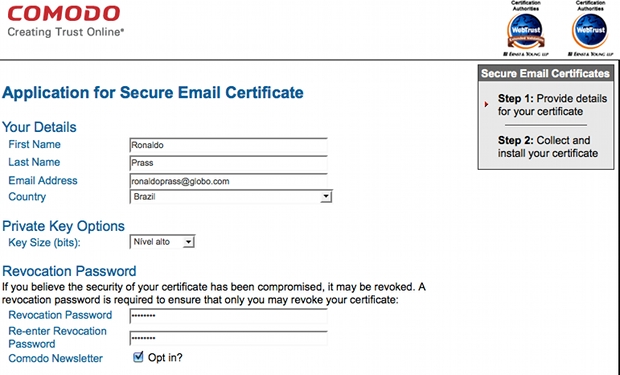 Obtendo um certificado digital para ser adicionado nos clientes de e-mail (Foto: Reprodução)