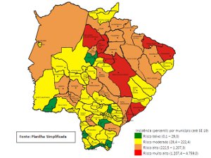 Mapa de incidência da dengue em Mato Grosso do Sul, divulgado pela Secretaria Estadual de Saúde (Foto: Reprodução/SES)