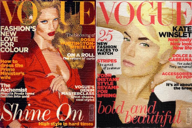 Artista dinamarquesa Inge Jacobsen, de 24 anos, criou versões de capas da revista Vogue feitas de tricô. (Foto: Barcroft Media/Getty Images)