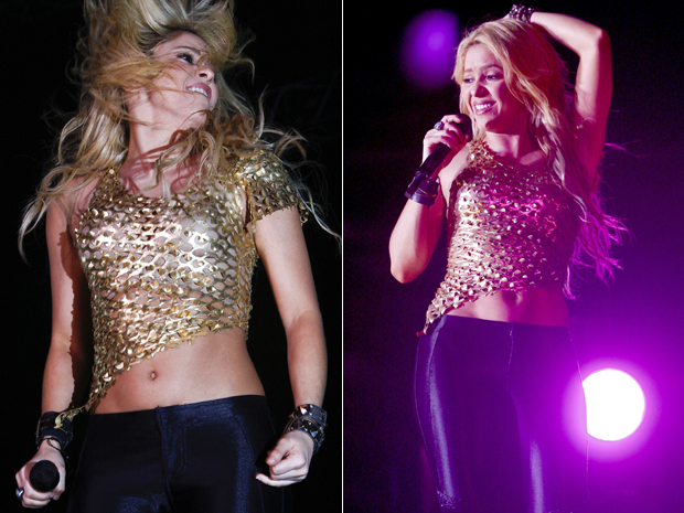 Shakira em momento da apresentação em Rabat, no Marrocos, neste sábado (28). (Foto: AP)