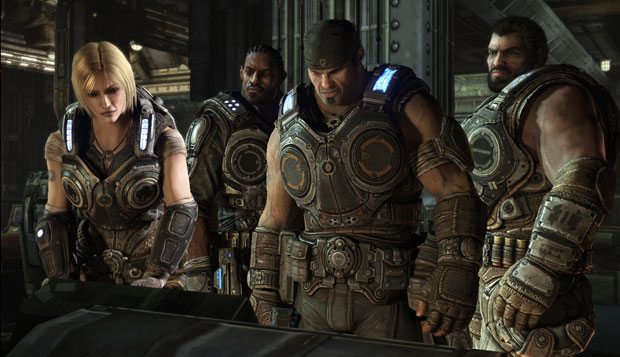 Marcus Fenix e companheiros enfrentam aliens em 'Gears of War 3' (Foto: Divulgação)